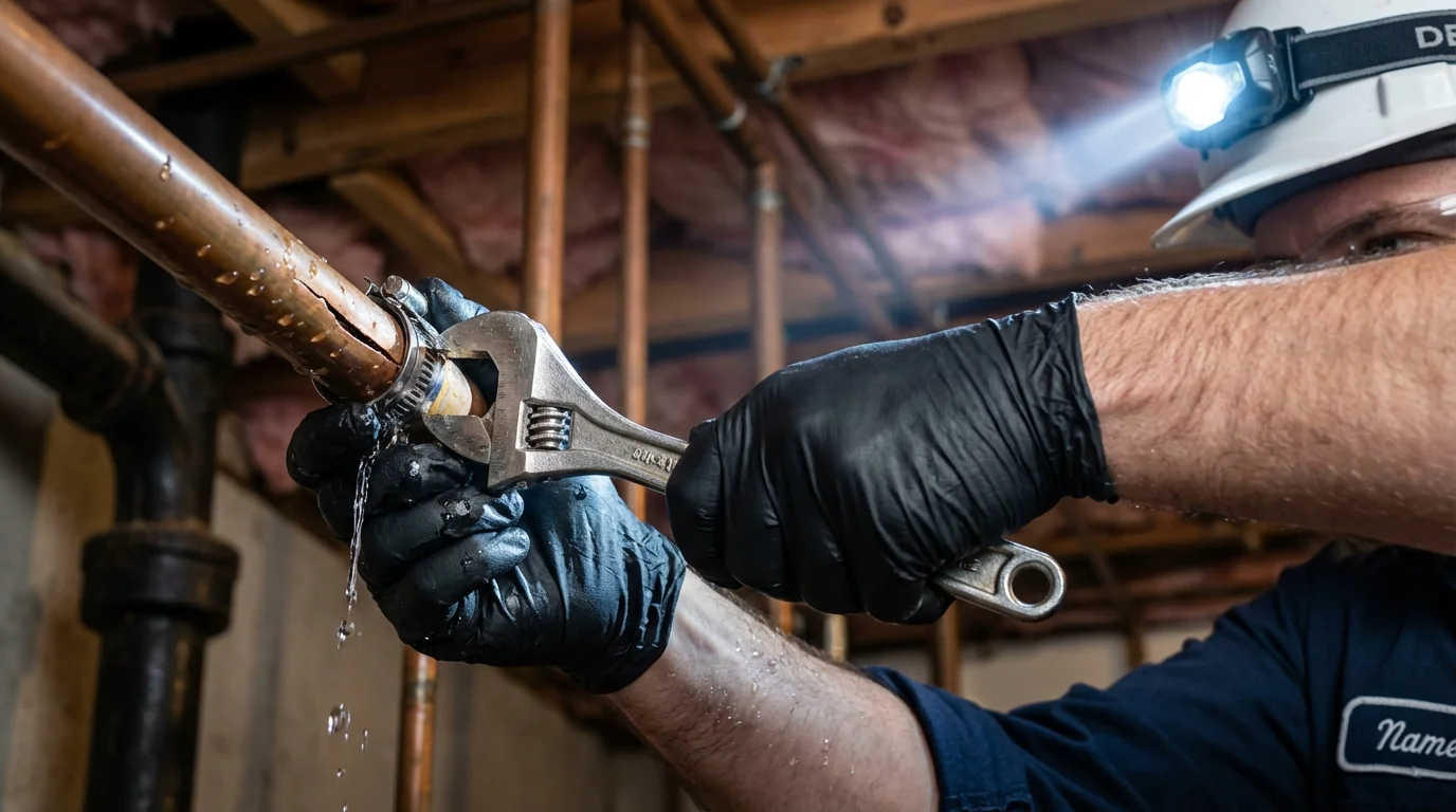 Emergency pipe clamp repair being performed by a Johns Plumbing LLC plumber in Ferndale