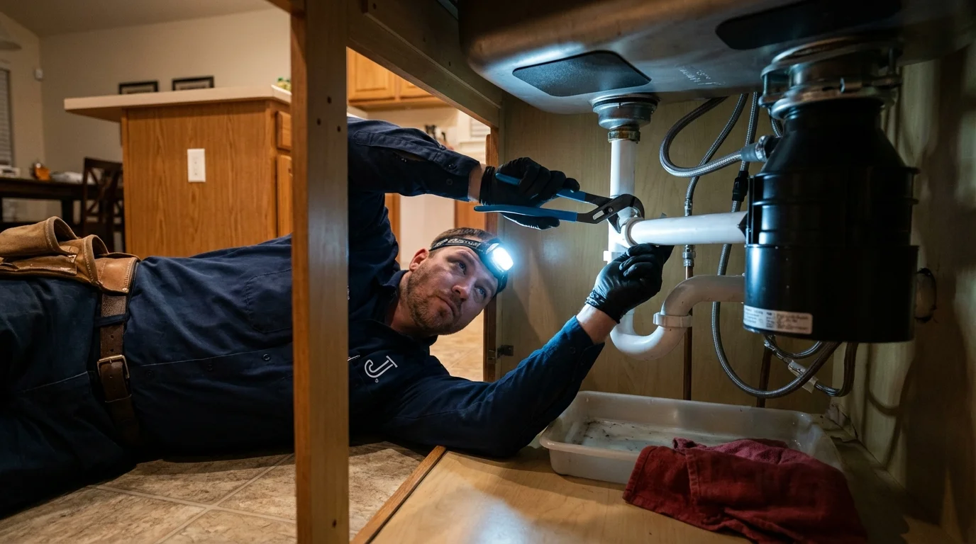 P-trap and supply line connections under a kitchen sink showing a common leak point in Ferndale, WA